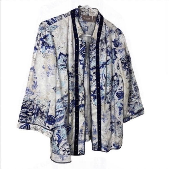 Chicos Cream & Blue Paisley Open Front Stud Lightweight Blazer Size 2 Large - Picture 2 of 6
